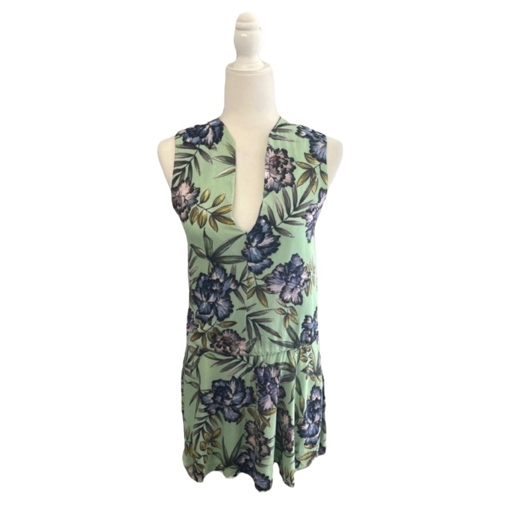 Alice + Olivia Green Floral Print V-Neck Drop Waist A-Line Dress - Size 0